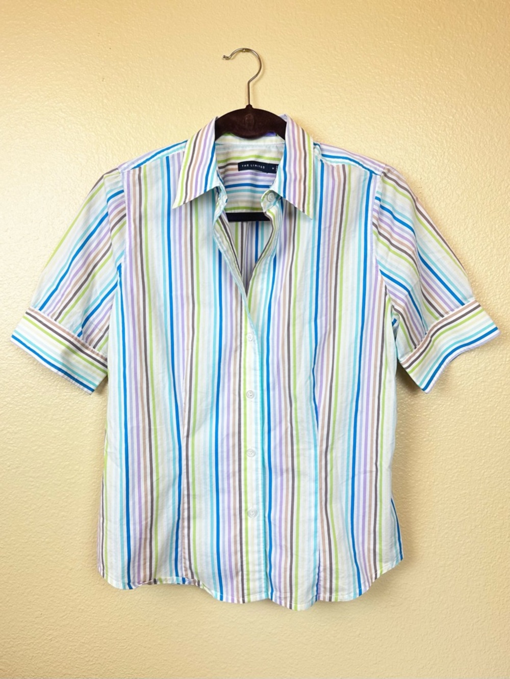 The Limited Short-Sleeve Striped Button-Up Blouse Candy Stripe M Workwear Shirt